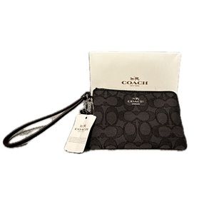 Coach Corner Zip Wristlet Signature Logo Outline Canvas Black Gray Silver